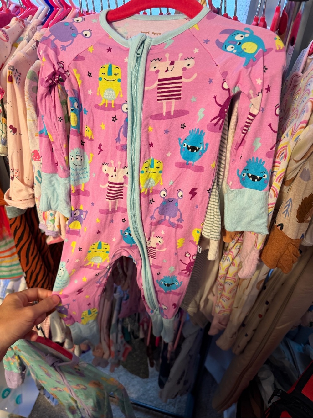 Little Sleepies Pink Monster Mayhem Print Footie with Blue Trim